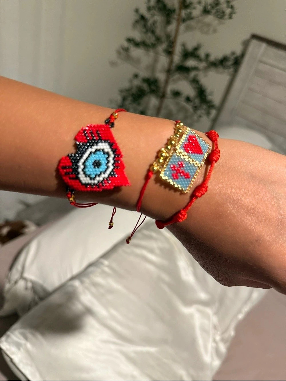 Beaded Friendship Bracelet Set in Red & Gold Like New